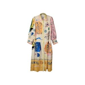 Womens Celestial Print Shirt Dress Medium Sun Moon Birds Graphic Button Front...